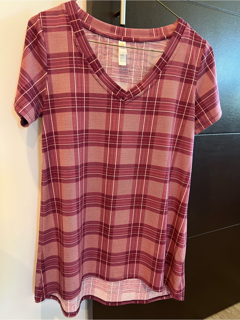 LuLaRoe Pink & Burgundy Plaid V-Neck Short Sleeve Top